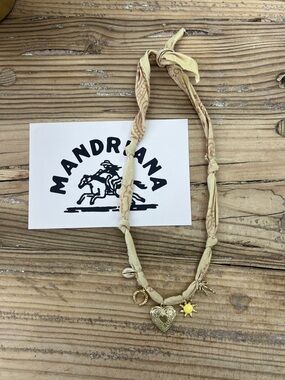 Beige Bandana Knot Necklace with Gold Heart Charm
